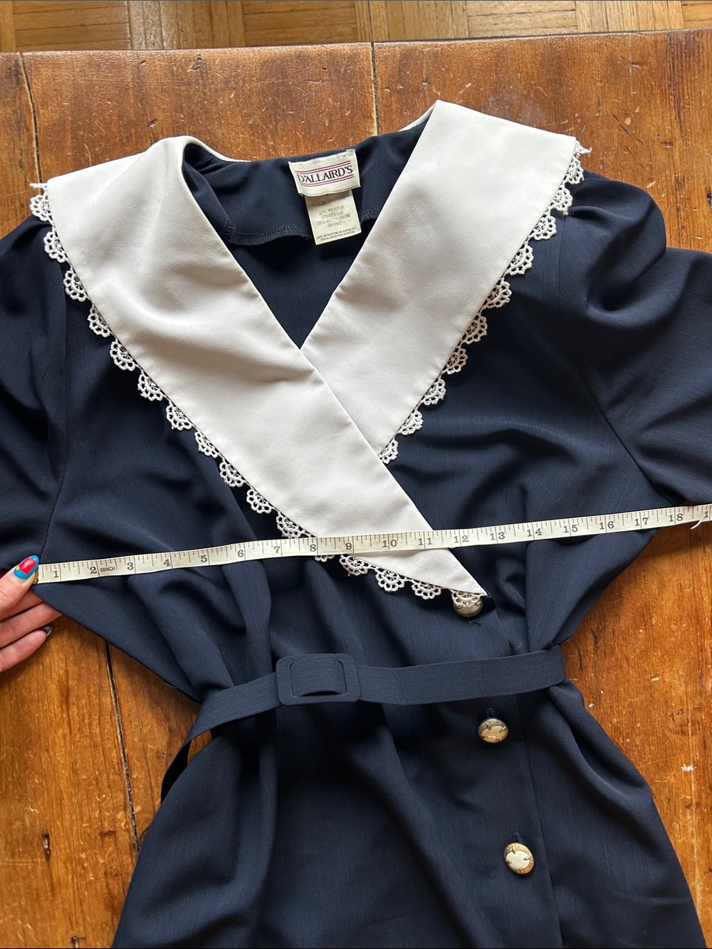 Vintage Navy Sailor Collar Dress • Lace Trim • Belted Wrap Style • Cottagecore - Picture 7 of 11